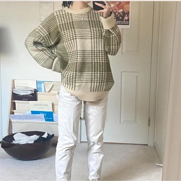 OAK + FORT Olive and Beige Plaid Sweater - Picture 2 of 3